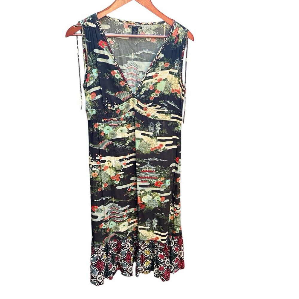 Lucky Brand Green Asian Print Midi Dress Ruffle Hem Sz XS V Neck Empire Pagoda